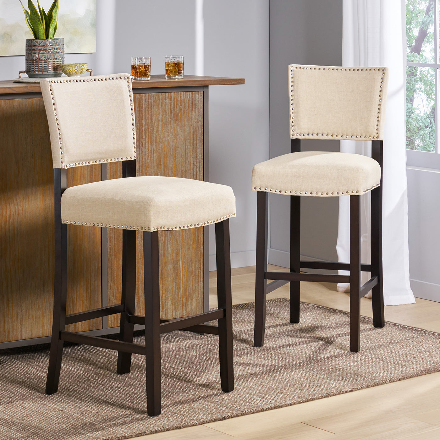 Barstools With rivet decoration wood Frame fabric Sponge cushion and Upholstered Barstools
