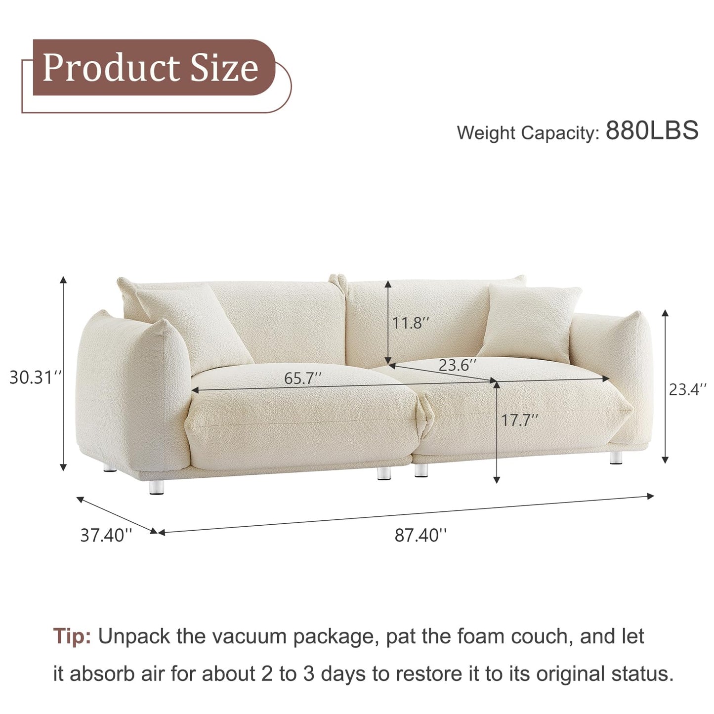 Upholstered 3-Seater Loveseat Sofa | Modern Boucle Couch with 2 Pillows – High-Density Foam, Solid Wood Frame, Metal Legs for Living Room, Apartment