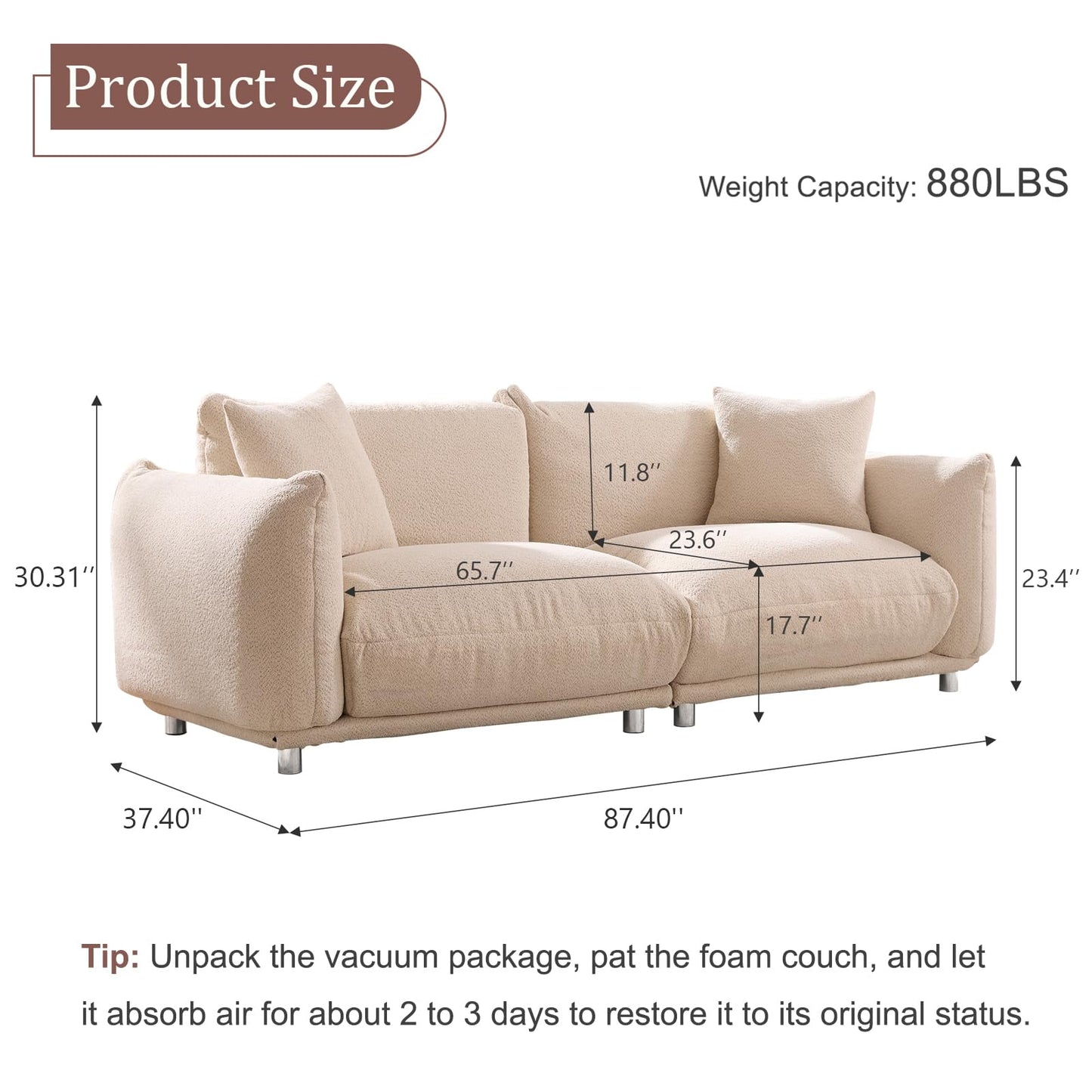 Upholstered 3-Seater Loveseat Sofa | Modern Boucle Couch with 2 Pillows – High-Density Foam, Solid Wood Frame, Metal Legs for Living Room, Apartment