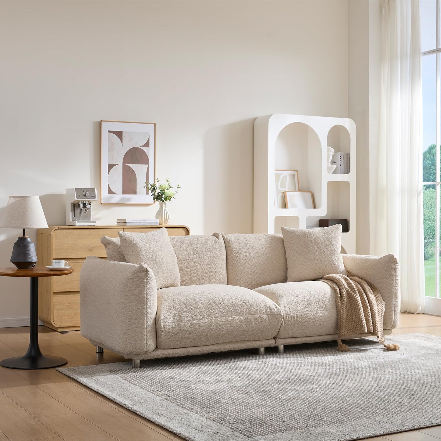 Upholstered 3-Seater Loveseat Sofa | Modern Boucle Couch with 2 Pillows – High-Density Foam, Solid Wood Frame, Metal Legs for Living Room, Apartment