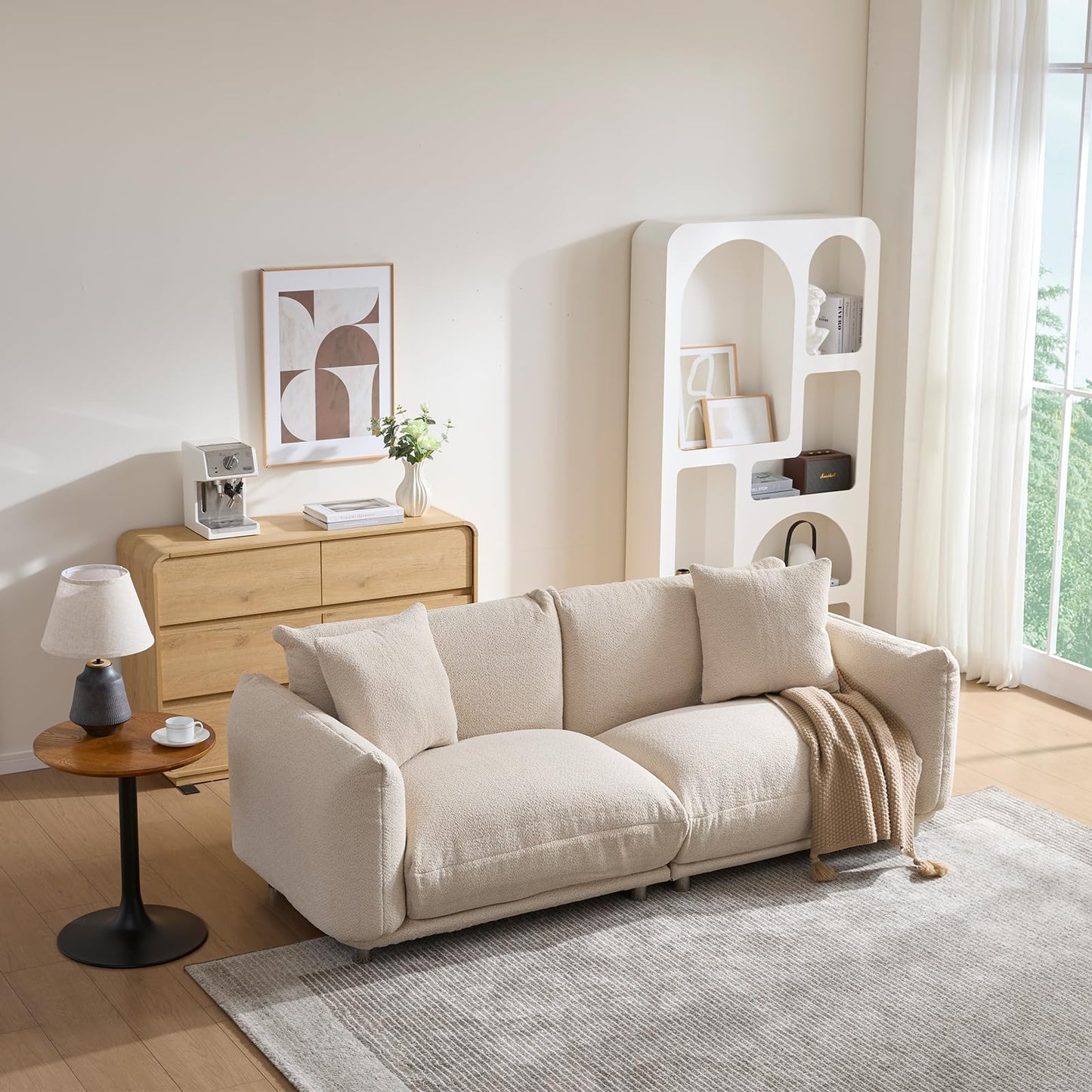 Upholstered 3-Seater Loveseat Sofa | Modern Boucle Couch with 2 Pillows – High-Density Foam, Solid Wood Frame, Metal Legs for Living Room, Apartment