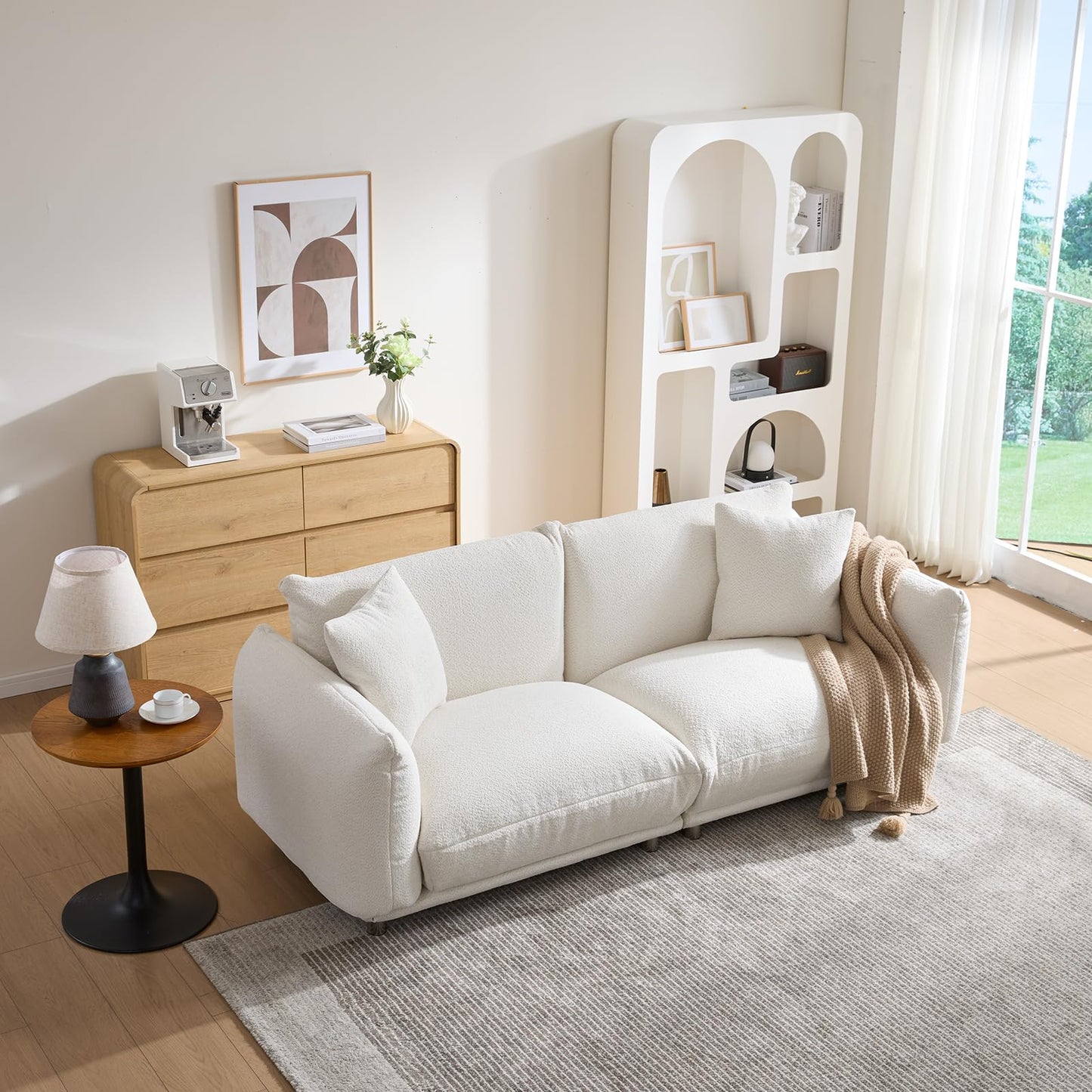 Upholstered 3-Seater Loveseat Sofa | Modern Boucle Couch with 2 Pillows – High-Density Foam, Solid Wood Frame, Metal Legs for Living Room, Apartment