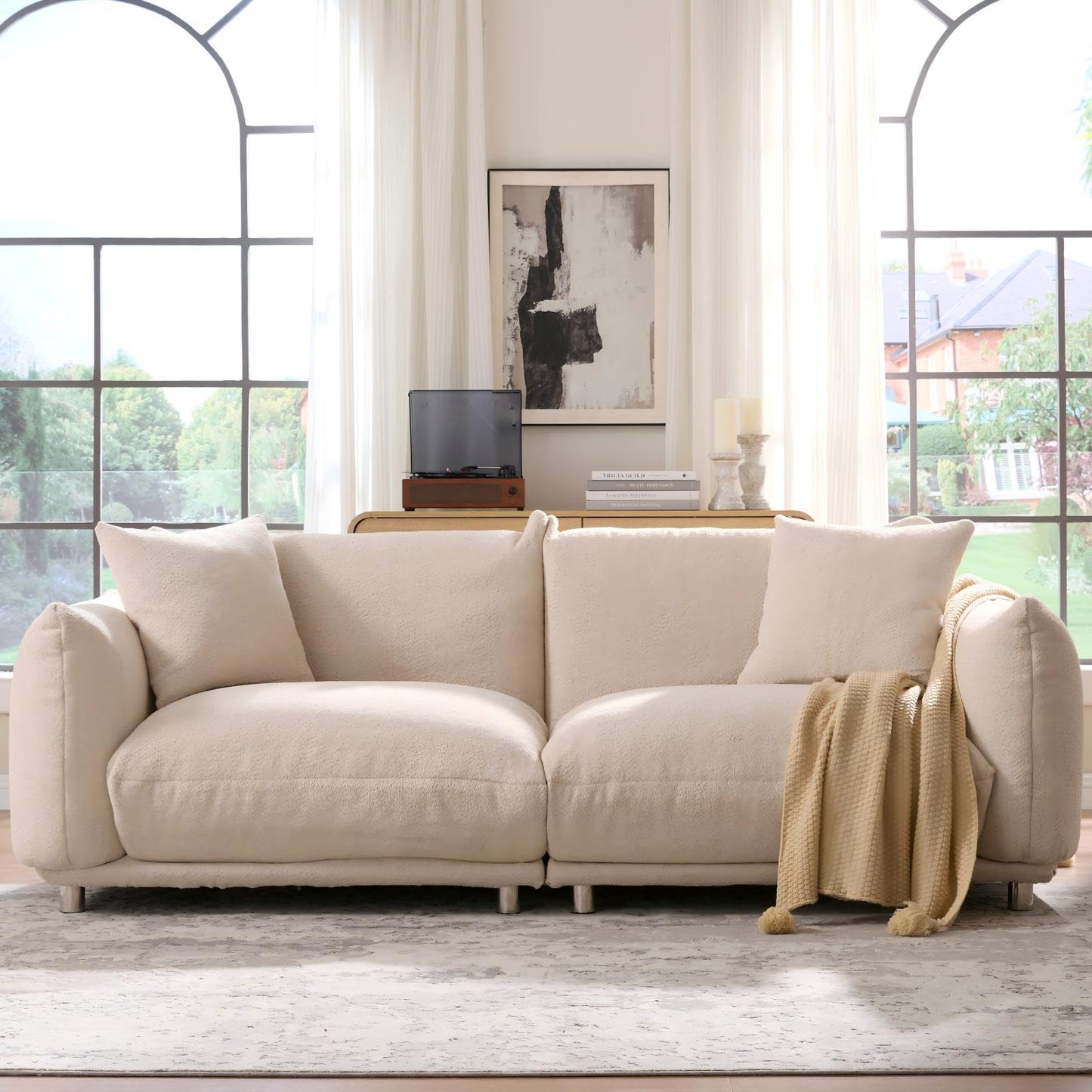 Upholstered 3-Seater Loveseat Sofa | Modern Boucle Couch with 2 Pillows – High-Density Foam, Solid Wood Frame, Metal Legs for Living Room, Apartment