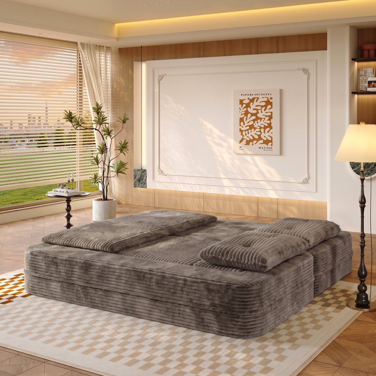 King Size Sleeper Sofa Bed – Plush Corduroy Deep Seat Couch with Independent Chaise &amp; Convertible Blanket