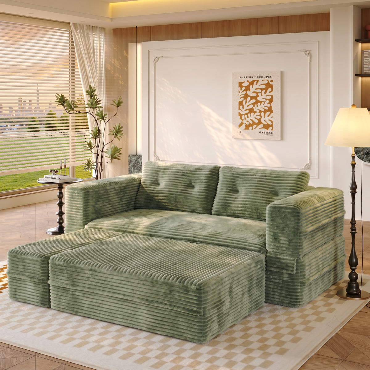 King Size Sleeper Sofa Bed – Plush Corduroy Deep Seat Couch with Independent Chaise &amp; Convertible Blanket