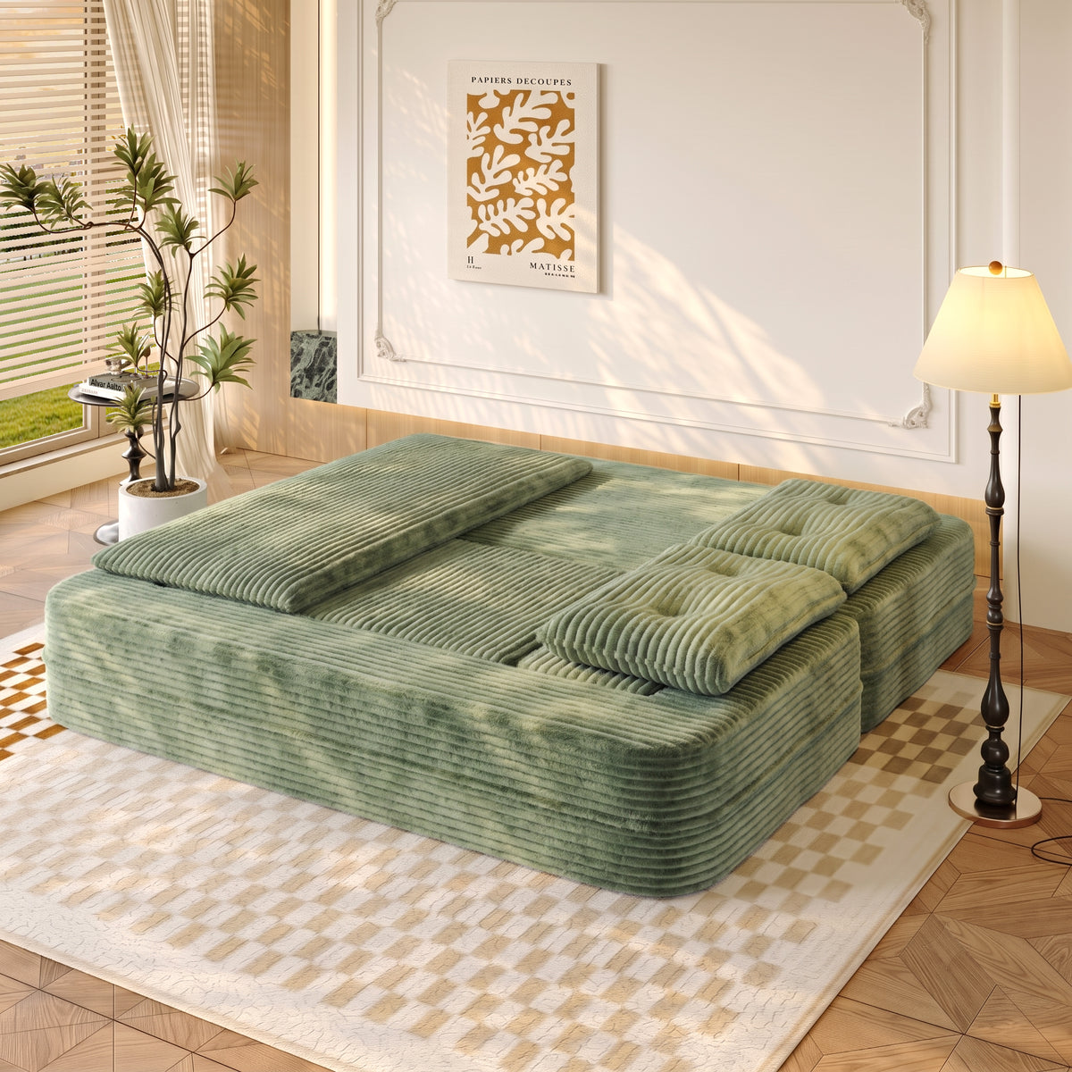 King Size Sleeper Sofa Bed – Plush Corduroy Deep Seat Couch with Independent Chaise &amp; Convertible Blanket