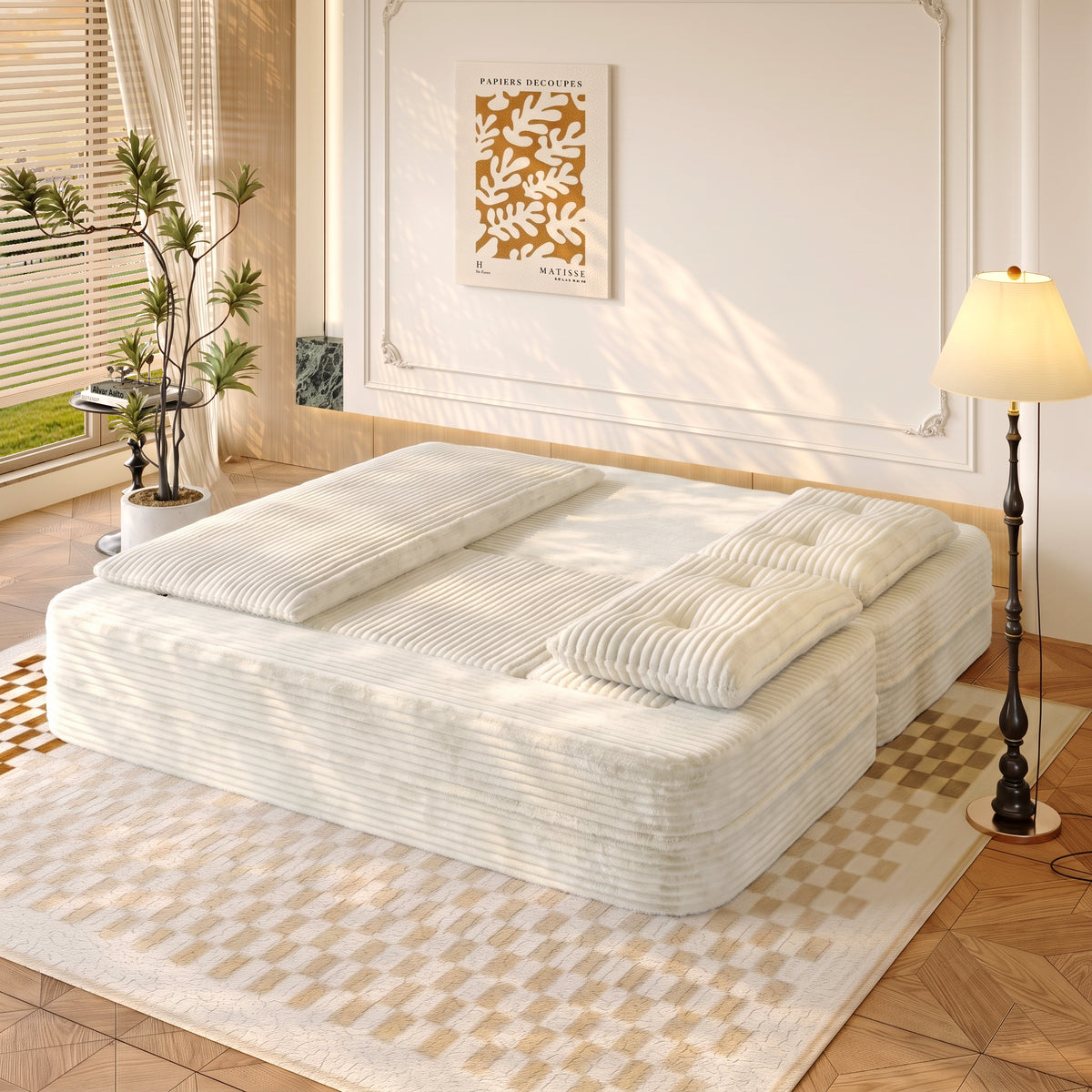King Size Sleeper Sofa Bed – Plush Corduroy Deep Seat Couch with Independent Chaise &amp; Convertible Blanket