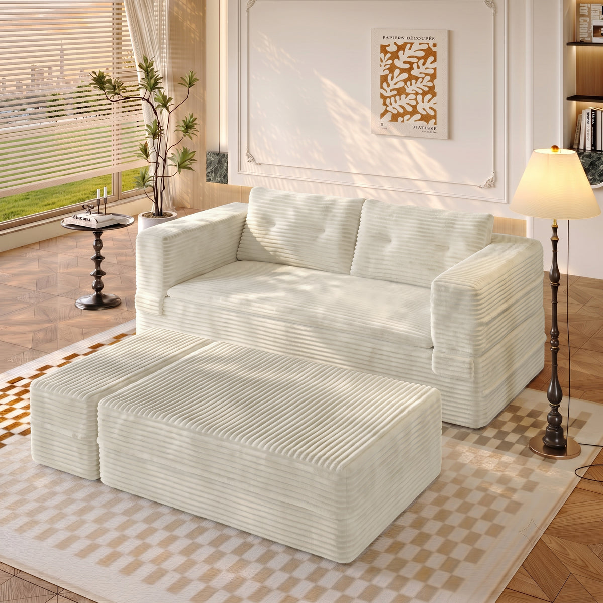 King Size Sleeper Sofa Bed – Plush Corduroy Deep Seat Couch with Independent Chaise &amp; Convertible Blanket