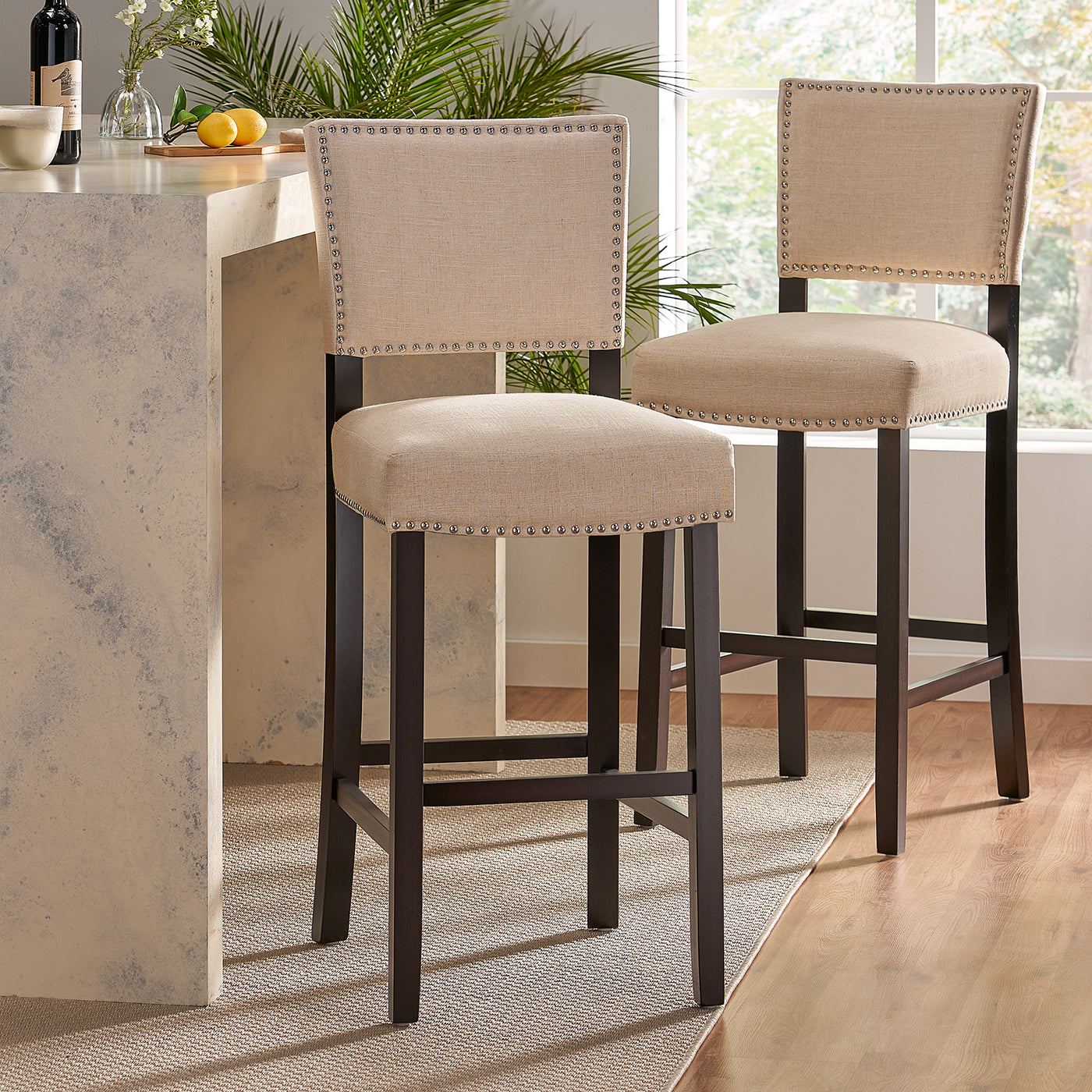 Barstools With rivet decoration wood Frame fabric Sponge cushion and Upholstered Barstools