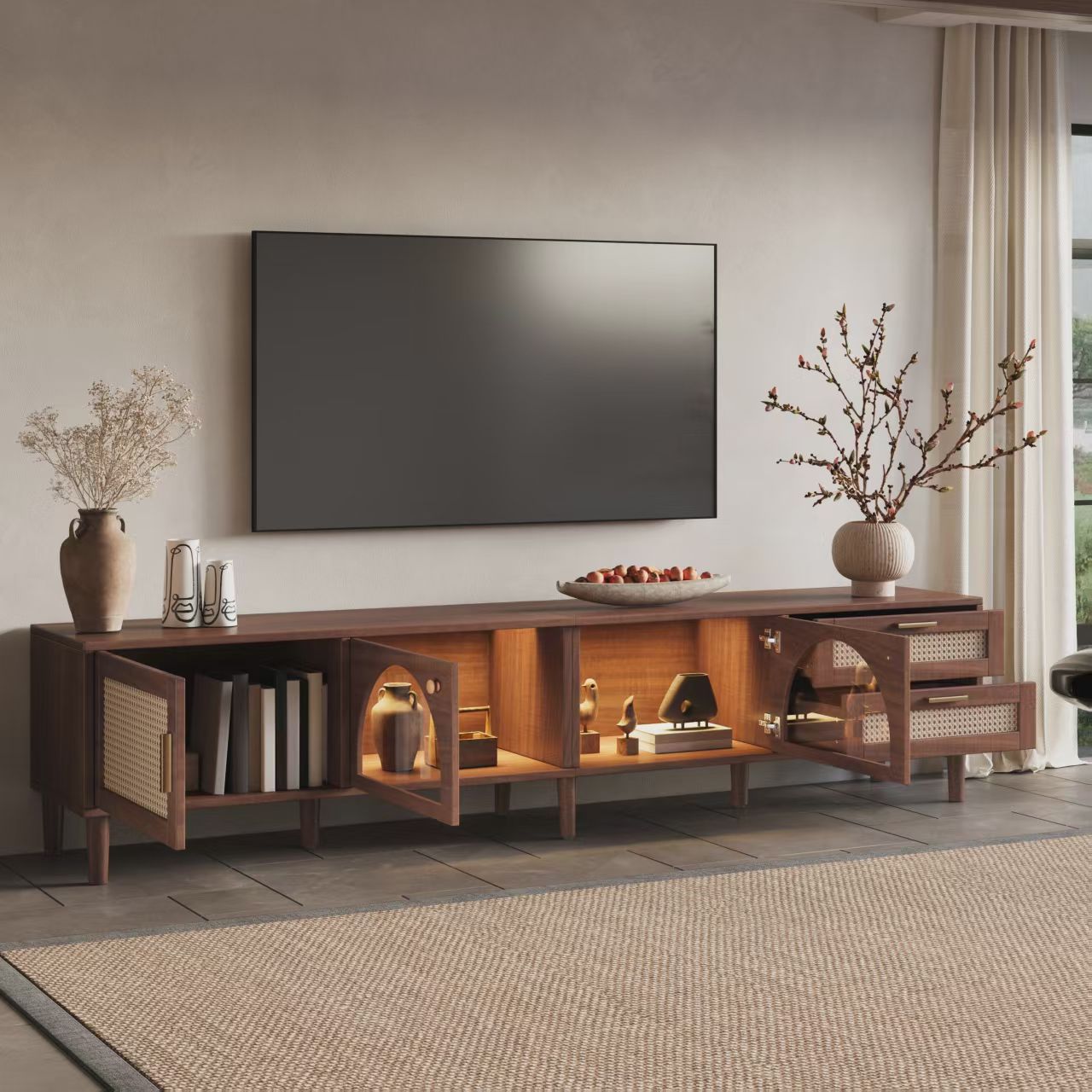 86 inch TV Stand for TVs up to 90", Entertainment Center with App Controlled LED Lights, 2 Drawers & Glass Door Storage
