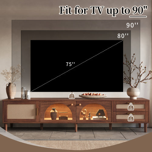86 inch TV Stand for TVs up to 90", Entertainment Center with App Controlled LED Lights, 2 Drawers & Glass Door Storage