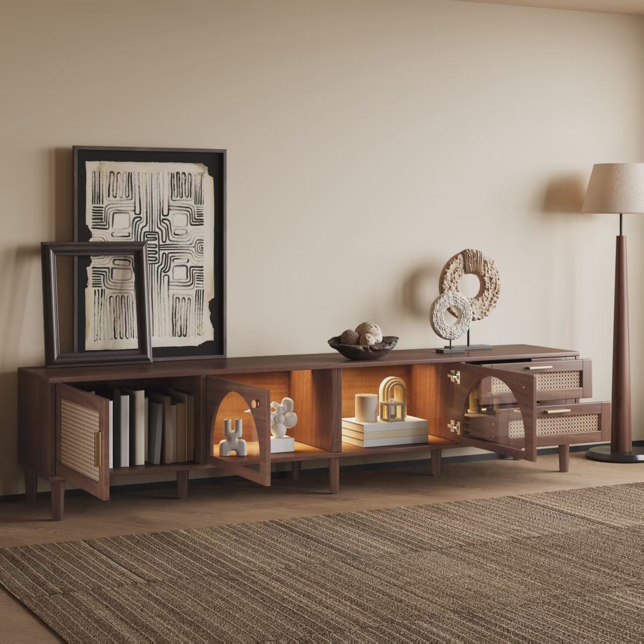 86 inch TV Stand for TVs up to 90", Entertainment Center with App Controlled LED Lights, 2 Drawers & Glass Door Storage