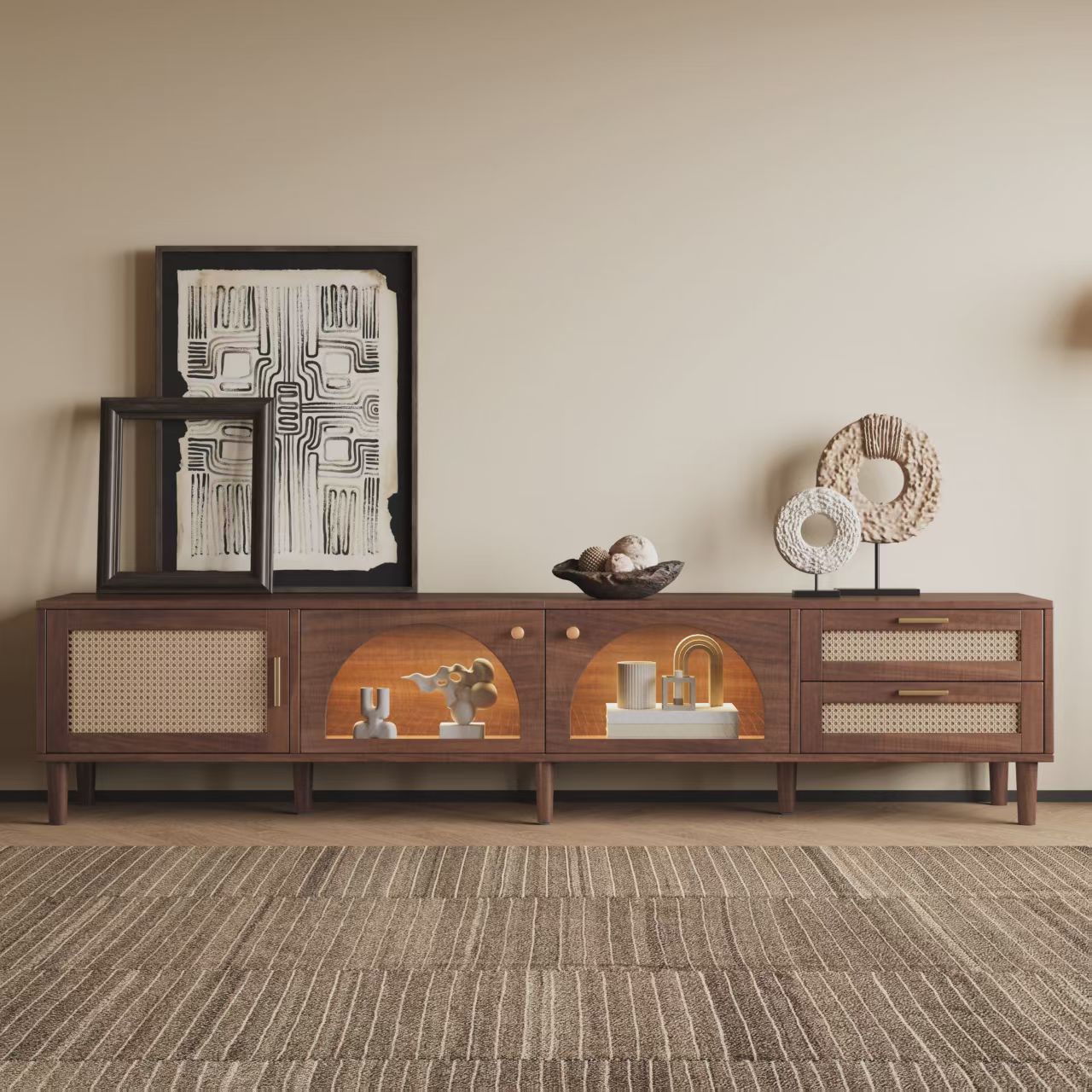 86 inch TV Stand for TVs up to 90", Entertainment Center with App Controlled LED Lights, 2 Drawers & Glass Door Storage