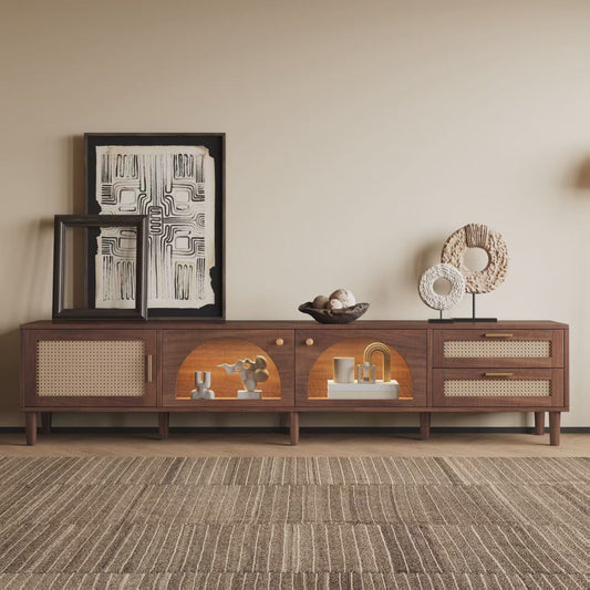 86 inch TV Stand for TVs up to 90", Entertainment Center with App Controlled LED Lights, 2 Drawers & Glass Door Storage
