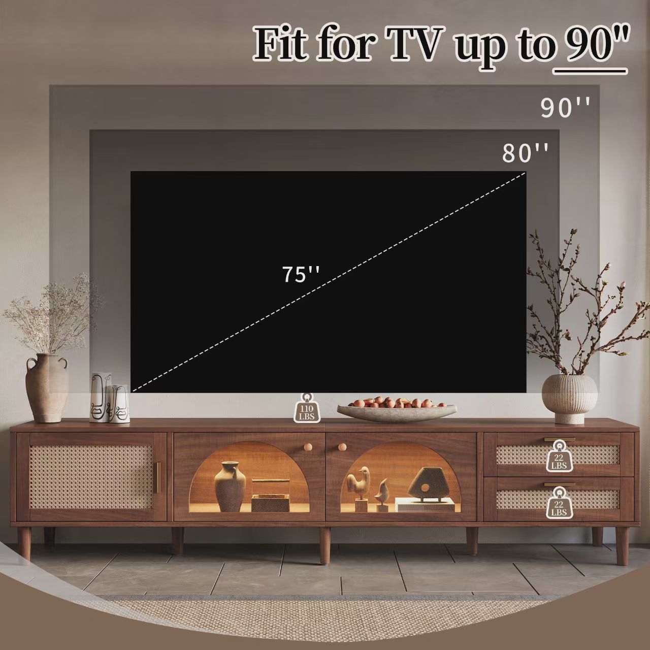 86 inch TV Stand for TVs up to 90", Entertainment Center with App Controlled LED Lights, 2 Drawers & Glass Door Storage