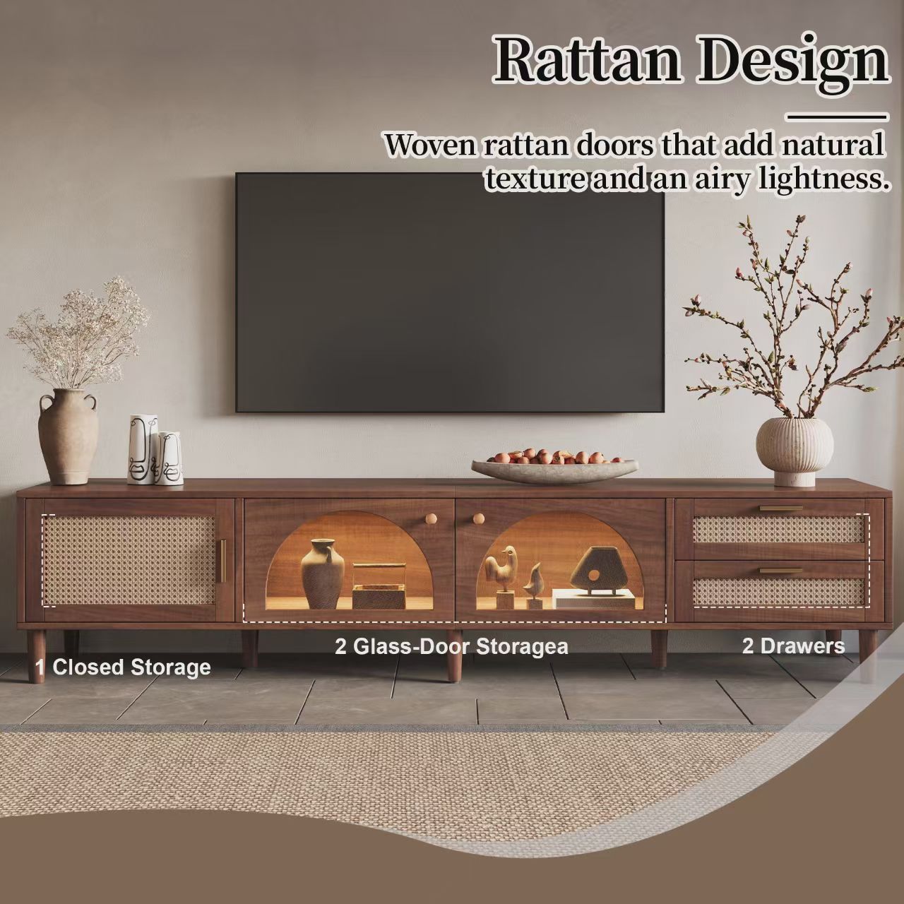 86 inch TV Stand for TVs up to 90", Entertainment Center with App Controlled LED Lights, 2 Drawers & Glass Door Storage