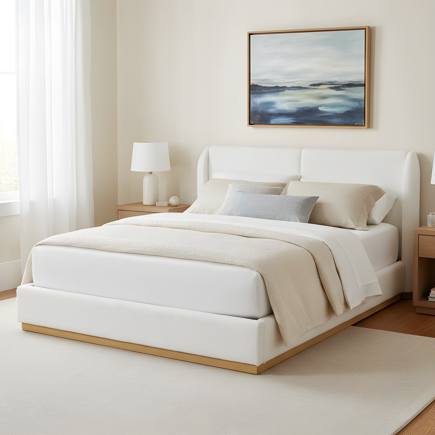 Modern White Bouclé Winged Bed Frame with Enclosed Wood Base | Queen & King – Dust & Pet BarrierNo Box Spring Needed