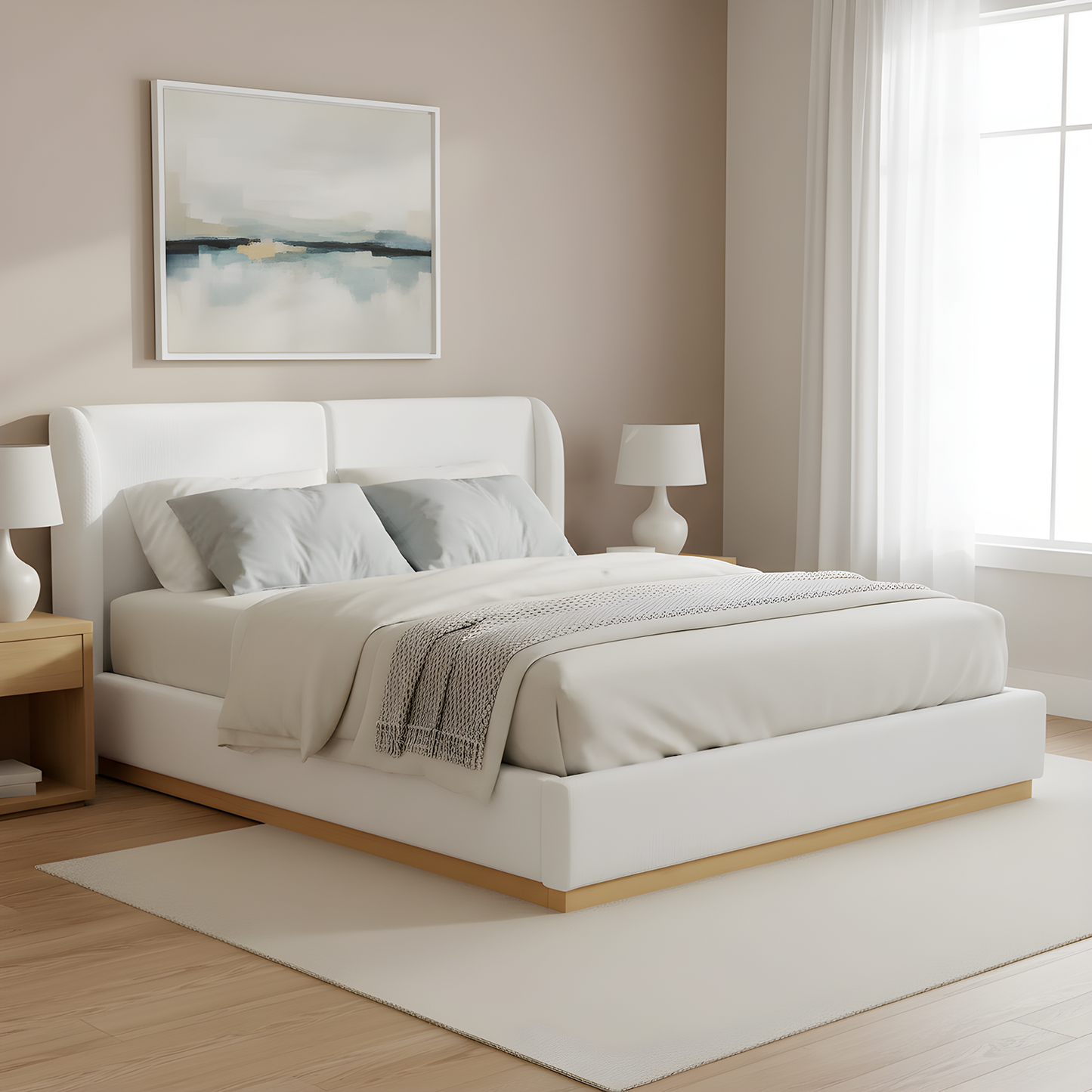 Modern White Bouclé Winged Bed Frame with Enclosed Wood Base | Queen & King – Dust & Pet BarrierNo Box Spring Needed