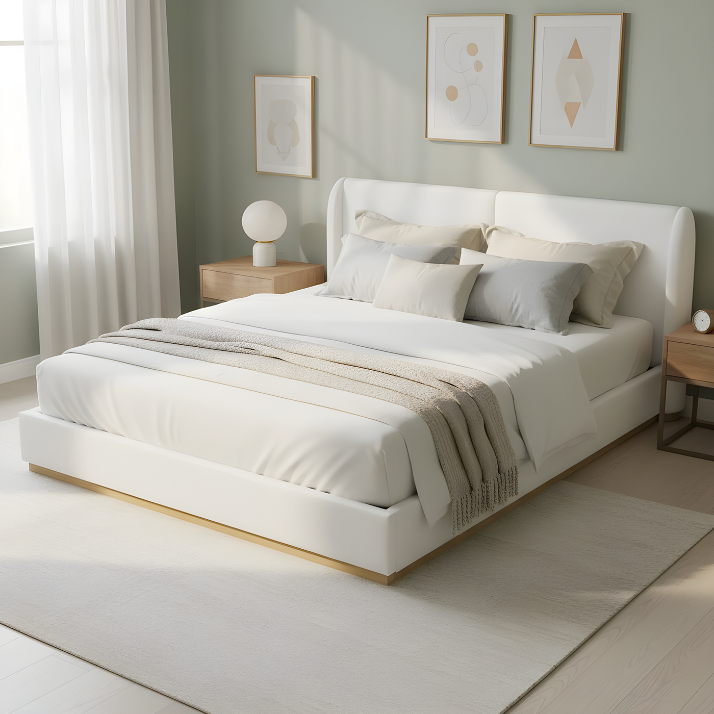Modern White Bouclé Winged Bed Frame with Enclosed Wood Base