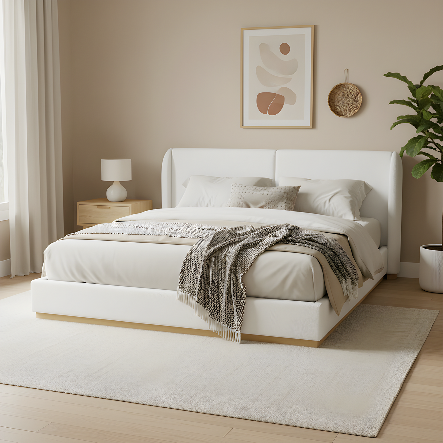 Modern White Bouclé Winged Bed Frame with Enclosed Wood Base | Queen & King – Dust & Pet BarrierNo Box Spring Needed