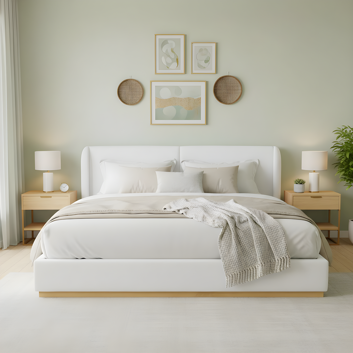 Modern White Bouclé Winged Bed Frame with Enclosed Wood Base