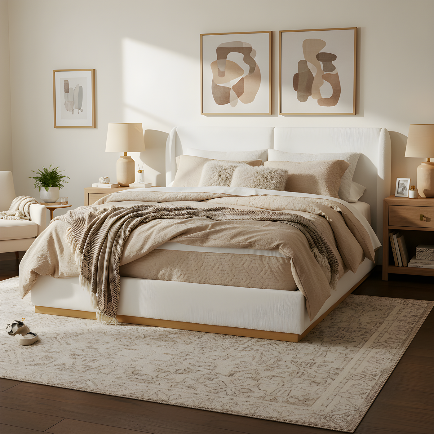 Modern White Bouclé Winged Bed Frame with Enclosed Wood Base